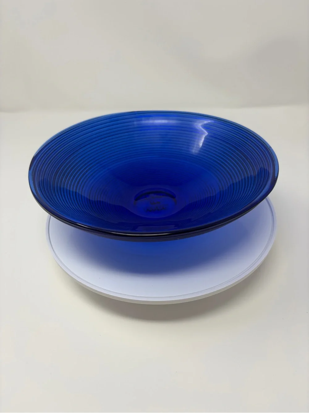 Art Deco Cobalt Blue Ribbed Glass Serving Bowl Made In Spain Vintage 7.5 Center